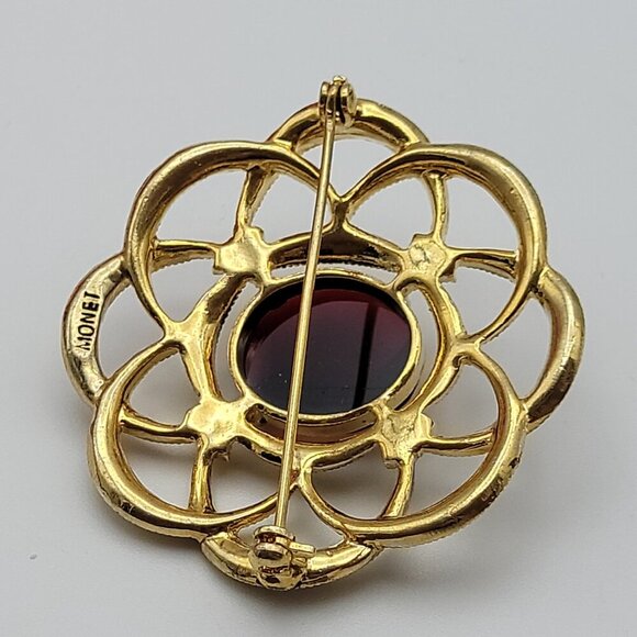 Vintage Monet Flower Brooch Gold Tone Clear And Red Rhinestone 45 mm Signed - Picture 4 of 7